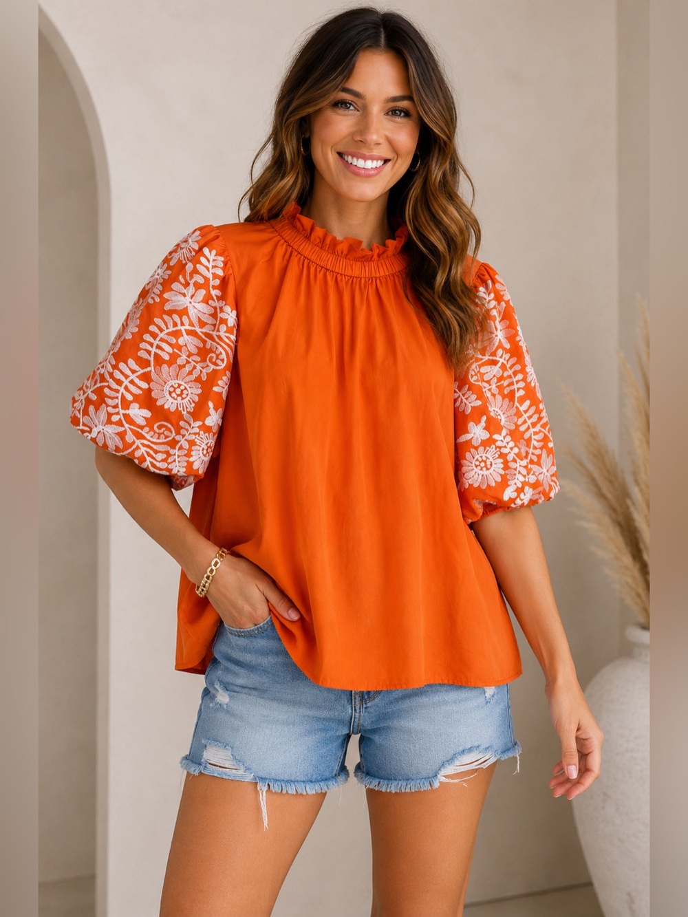 THML Orange Embroidered Puff Sleeve Blouse Large Boutique Top